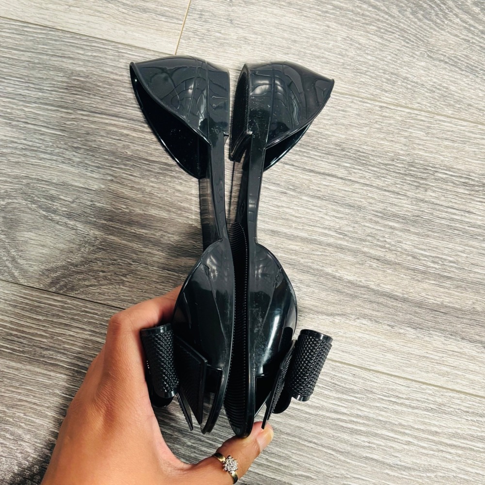 Salvatore Ferragamo Black Barbado Bow Peep Toe‎ Jelly Flats Size 8 - Picture 9 of 11